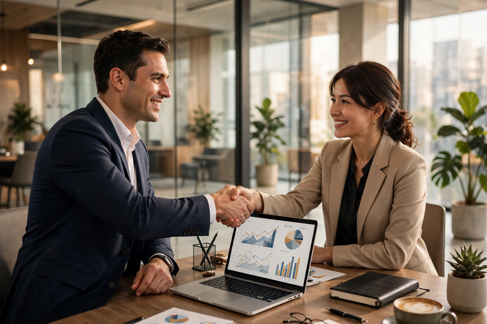 Business partnership meeting, two professionals shaking hands