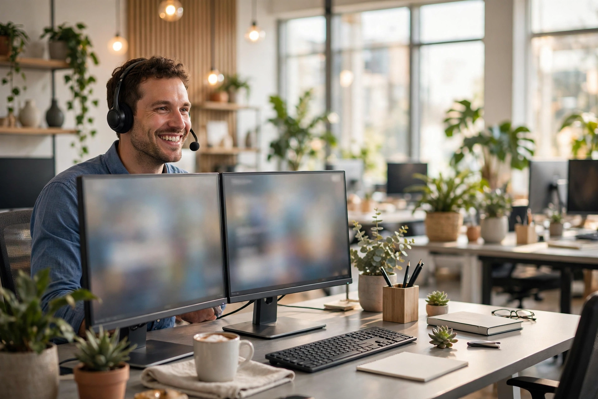 Customer support services, friendly specialist with headset
