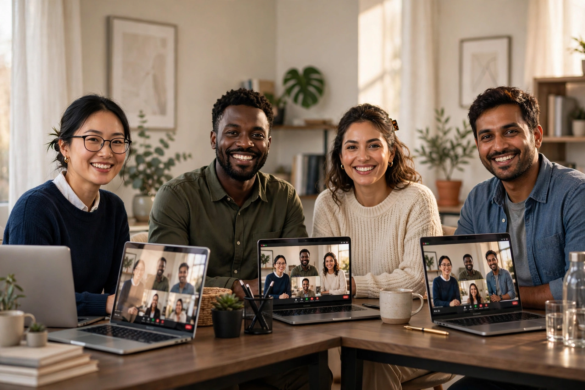 Dedicated remote team on a video call from modern home offices